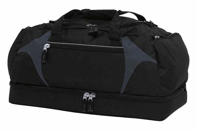 A black duffle bag featuring grey accents and multiple zippered compartments, with a logo displayed.