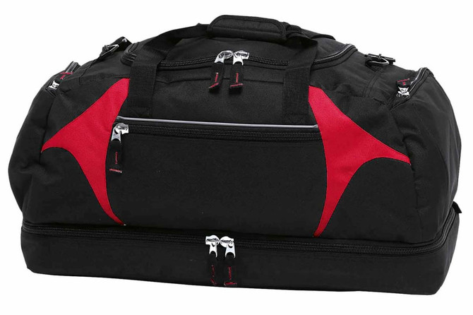 A black duffle bag with red accents, featuring multiple zippers and compartments, and includes a logo.
