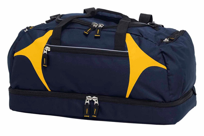 A navy blue duffle bag with yellow accents and multiple zippered compartments. The bag features a logo on the side.