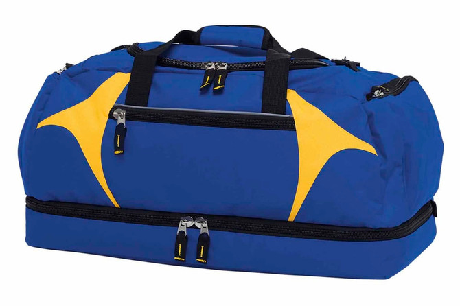 A blue and yellow duffle bag with two zippered compartments and sturdy handles, featuring a logo.