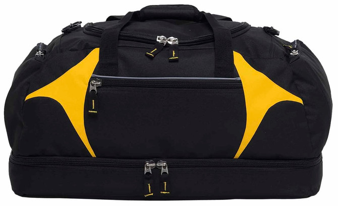 A black sports bag with yellow accents, featuring multiple zippered compartments and a sturdy handle. It has branding.