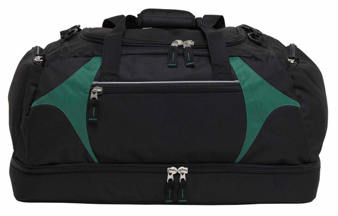A black duffle bag with green accents and multiple zippered compartments. It features a sturdy handle and branding.