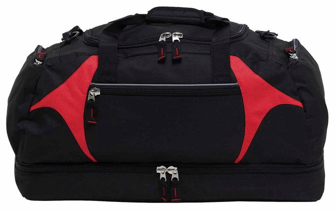 A black duffle bag with red accents, featuring multiple zippered compartments and sturdy handles.