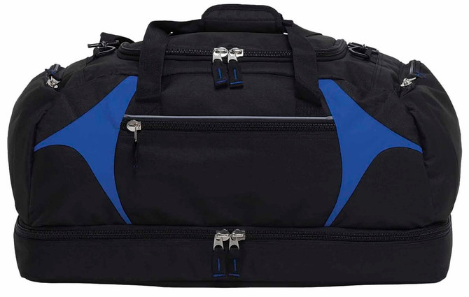 A black duffle bag with blue accents, featuring multiple zippered compartments and sturdy handles.
