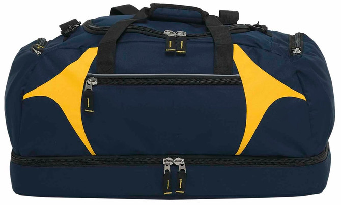 A navy duffle bag with yellow accents, featuring multiple zippers and carrying handles, and a logo.