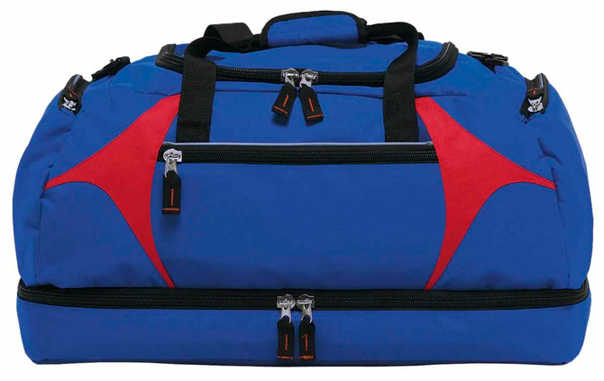 A blue and red duffle bag featuring multiple zippered compartments and a sturdy handle. It also has a logo.