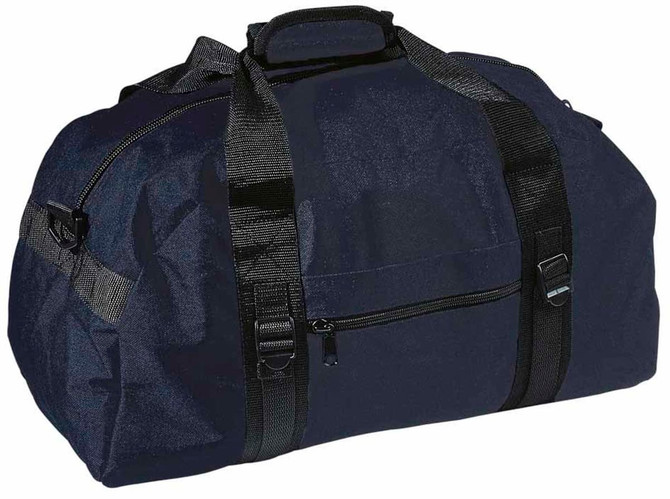 A navy duffle bag with black straps and a front zipper pocket, featuring a brand logo.