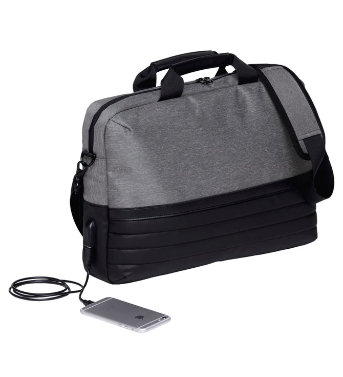 A grey and black wired brief bag with a shoulder strap and a charging cable connected to a mobile phone.