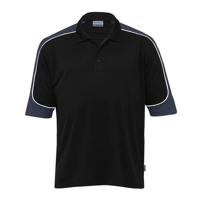 A black polo shirt with navy sleeves and white piping, featuring a logo on the chest.