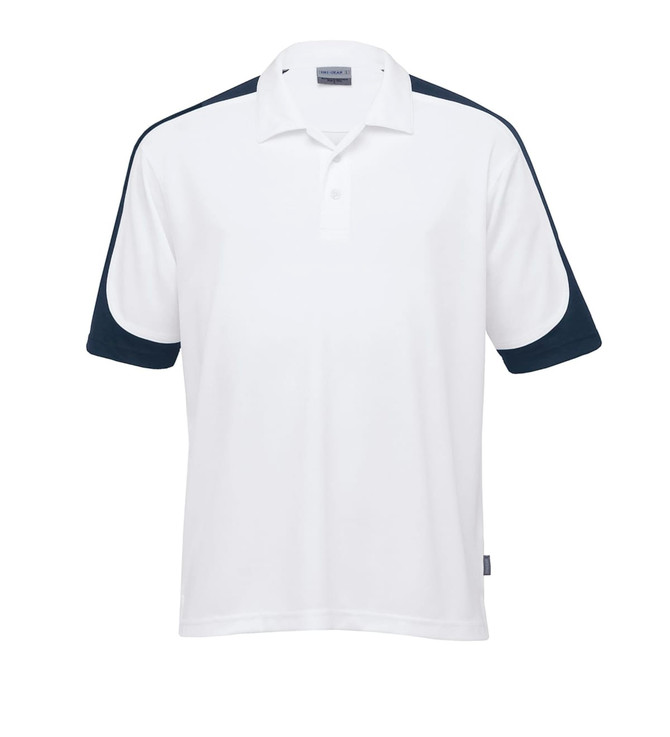 A white polo shirt with navy blue sleeves and a collar, featuring a brand logo.
