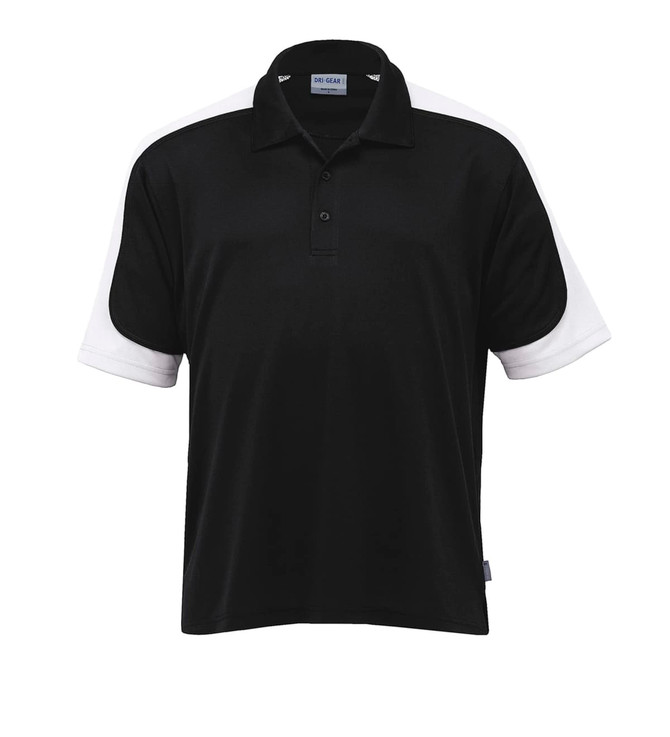 A black polo shirt with white sleeves and a collar, featuring a logo on the chest.