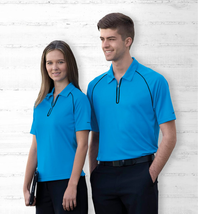 A blue Dri Gear Dimension polo shirt for men and women, featuring a zippered collar and subtle branding.