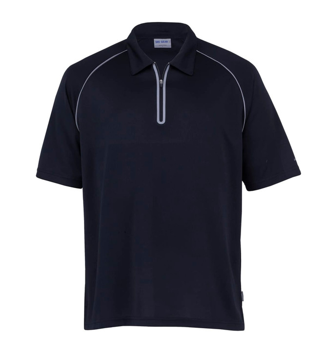 A navy Dri Gear Dimension Polo shirt for men, featuring a half zip and a subtle logo.