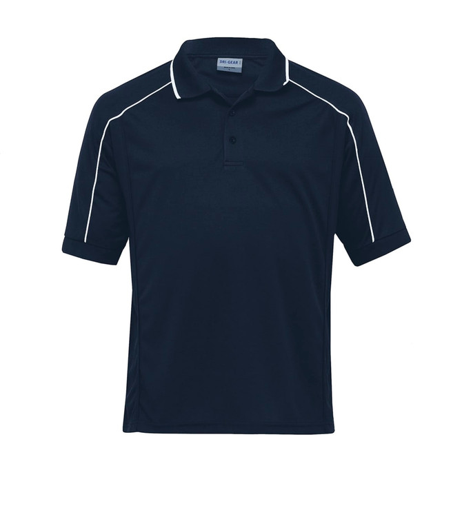 A navy blue men's polo shirt with white accent lines and a collar. It features a branded logo.