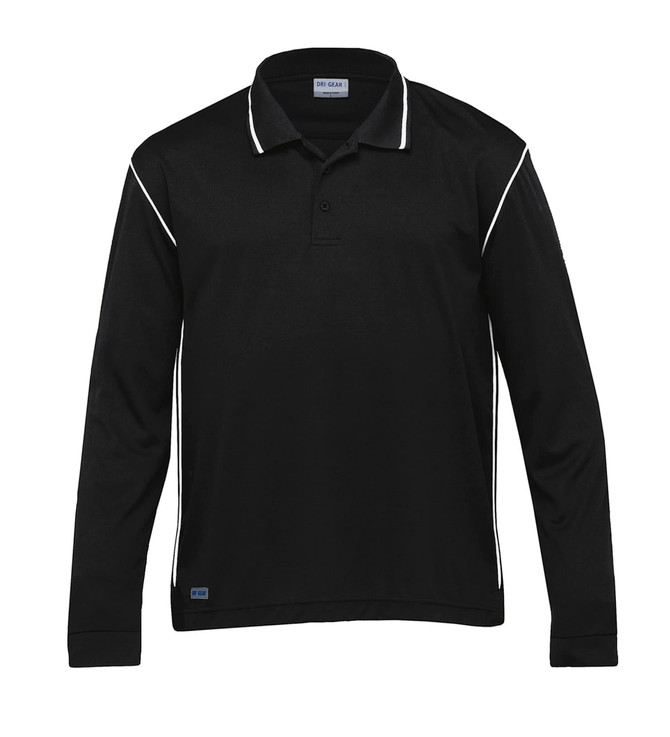 A black long sleeve polo shirt with contrasting white piping and a logo on the side.