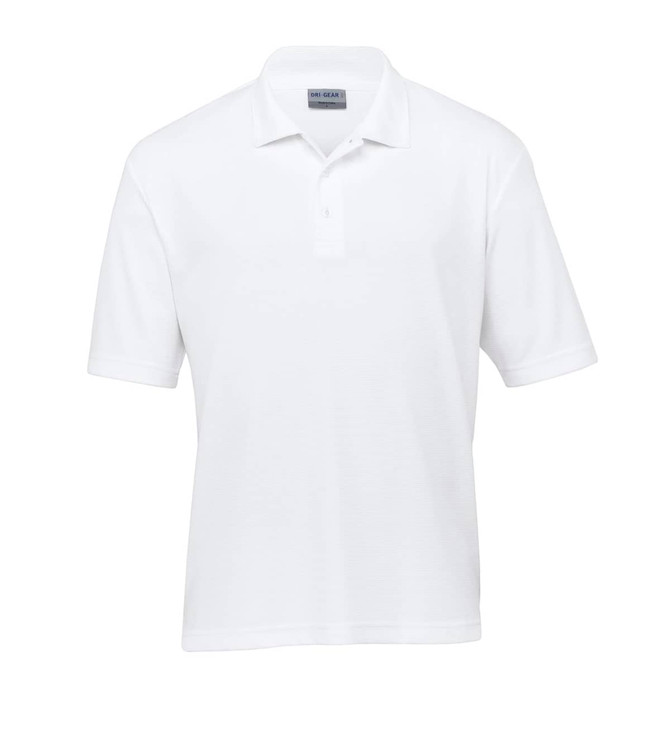 A white polo shirt with a collar and short sleeves, featuring a logo on the chest.