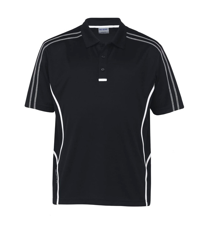 A black polo shirt featuring white accents and a logo on the chest, designed for youth.