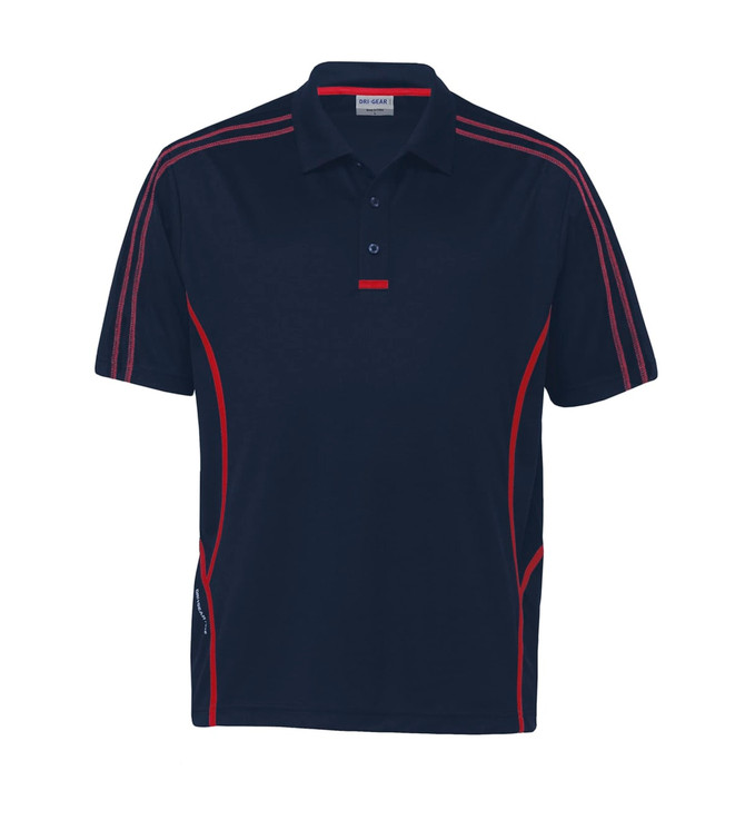 A navy polo shirt with red accents and a logo, featuring a collar and short sleeves.