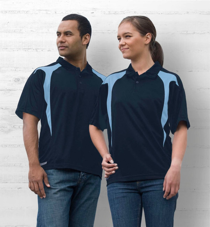 A navy blue polo shirt with light blue spliced design, featuring a logo on the chest, displayed on male and female models.