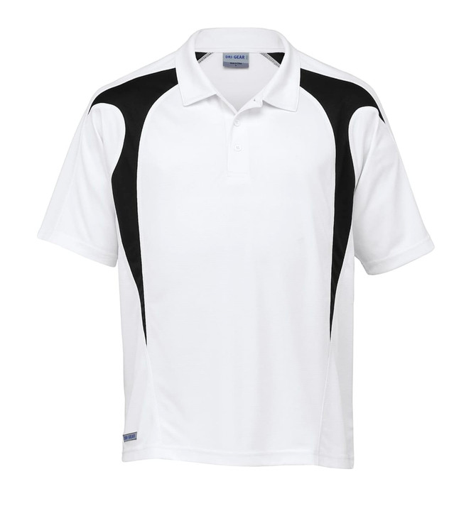 A polo shirt in white with black spliced design, featuring a collar and a logo on the left side.