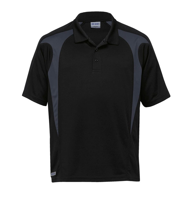 A black polo shirt with spliced grey detailing and a logo on the chest. Classic collar and short sleeves.