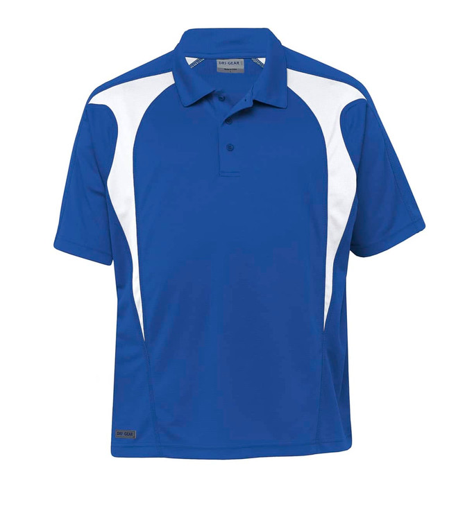 A blue polo shirt with white spliced panels, featuring a collar and a small logo.