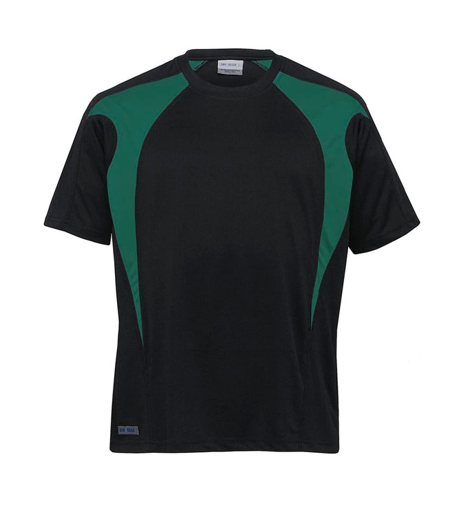 A black T-shirt featuring green spliced accents and a logo. Designed for casual or athletic wear.