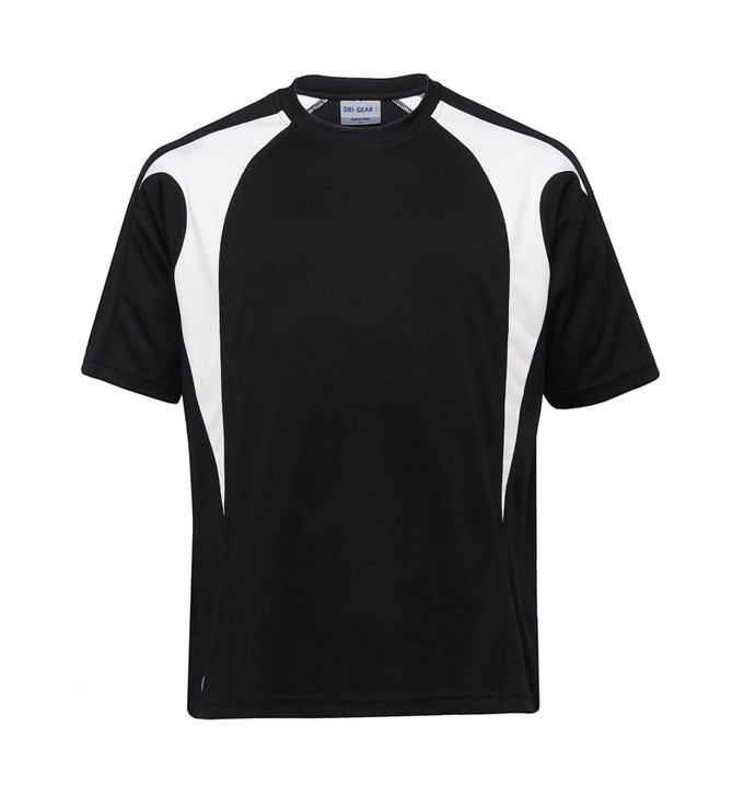 A black and white Dri Gear Spliced Zenith Tee featuring a sporty design and a logo on the front.