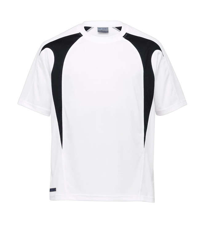 A white tee with black spliced design, featuring short sleeves and a logo on the hem.