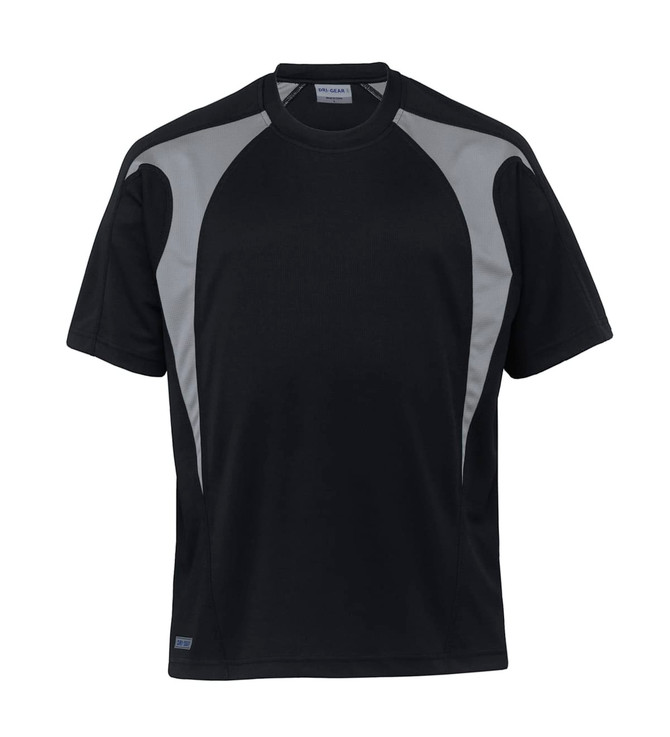 A black T-shirt with grey spliced panels and a logo on the front. Short-sleeved and athletic fit.