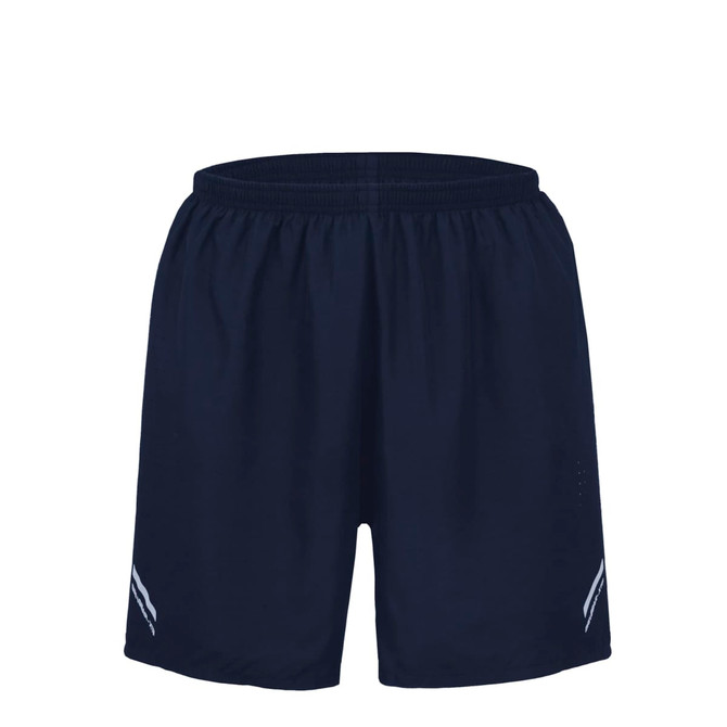 Navy sports shorts featuring an elastic waistband and a logo on the side.