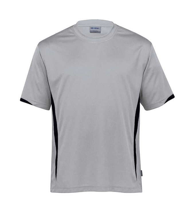 A grey t-shirt with black side stripes and a logo on the neckline.