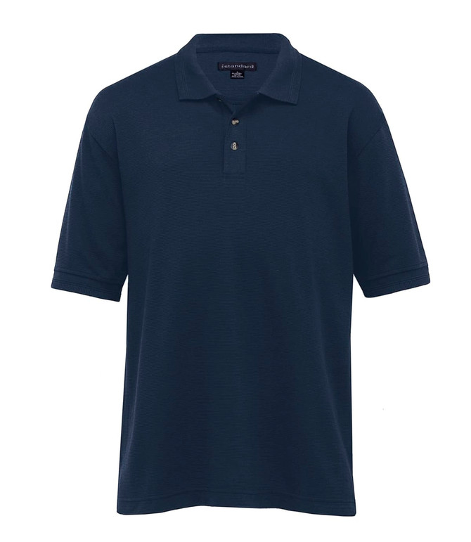 A navy blue Jacquard Ottoman Balmoral Polo shirt for men with a three-button placket and branding on the chest.