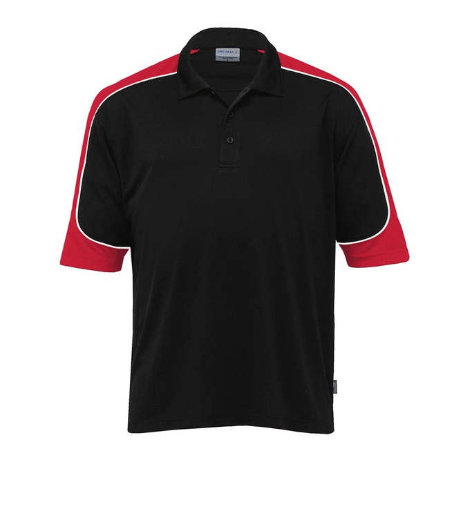 A black polo shirt with red accents and a logo on the chest. Short sleeves and a classic collar design.