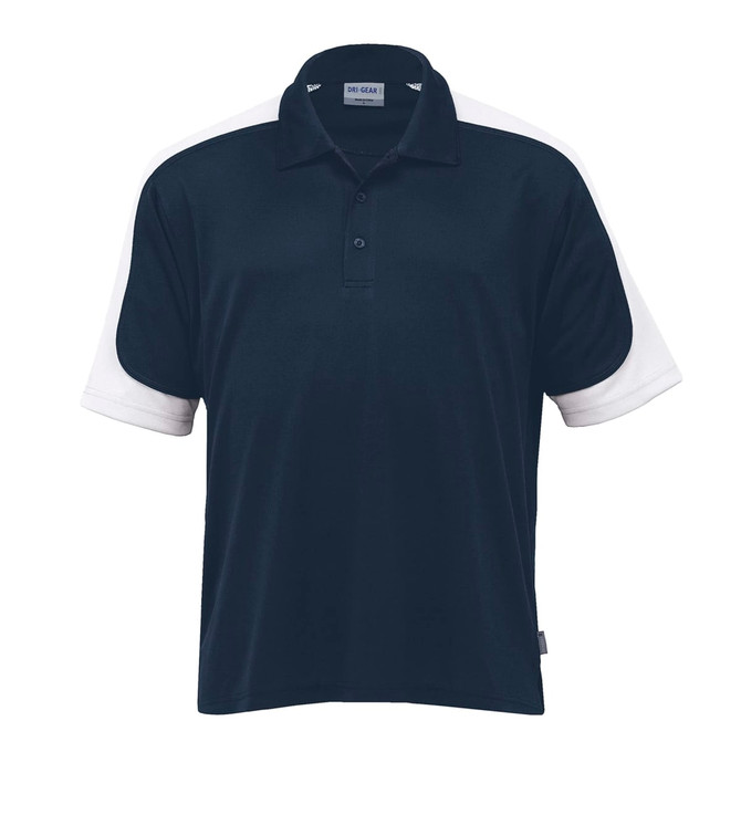 A navy polo shirt with white sleeves, featuring a collar and a logo. Perfect for casual or sporting occasions.