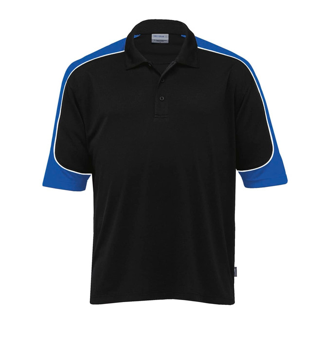 A black polo shirt with blue sleeves and a white trim, featuring a logo on the chest.