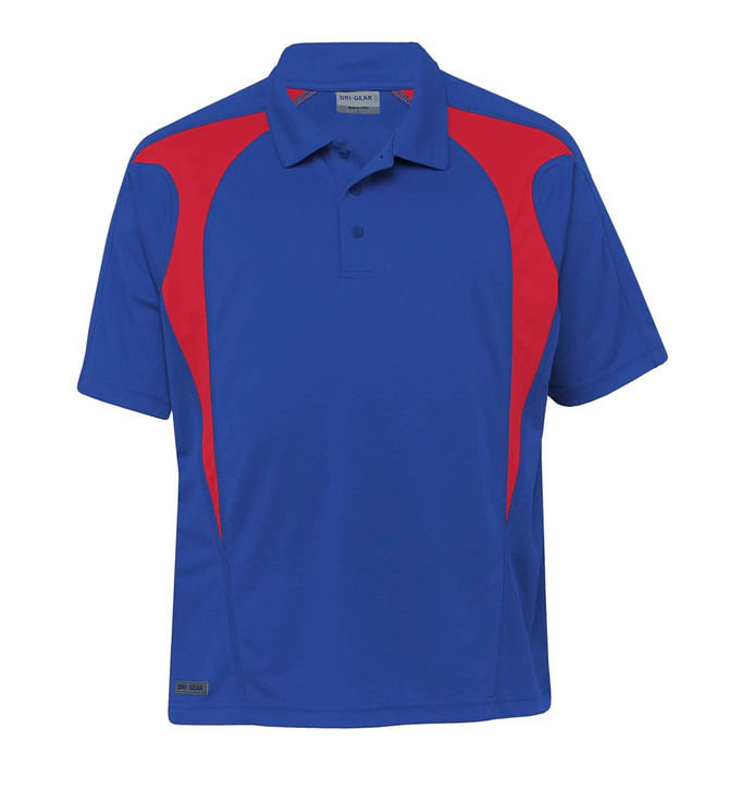 A blue polo shirt with red spliced accents, featuring a collar and short sleeves. It has a logo.