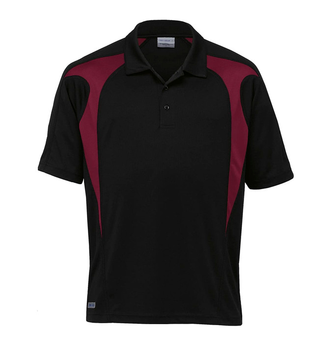 A black polo shirt featuring maroon spliced accents and a logo on the chest. Short sleeves and a classic collar.
