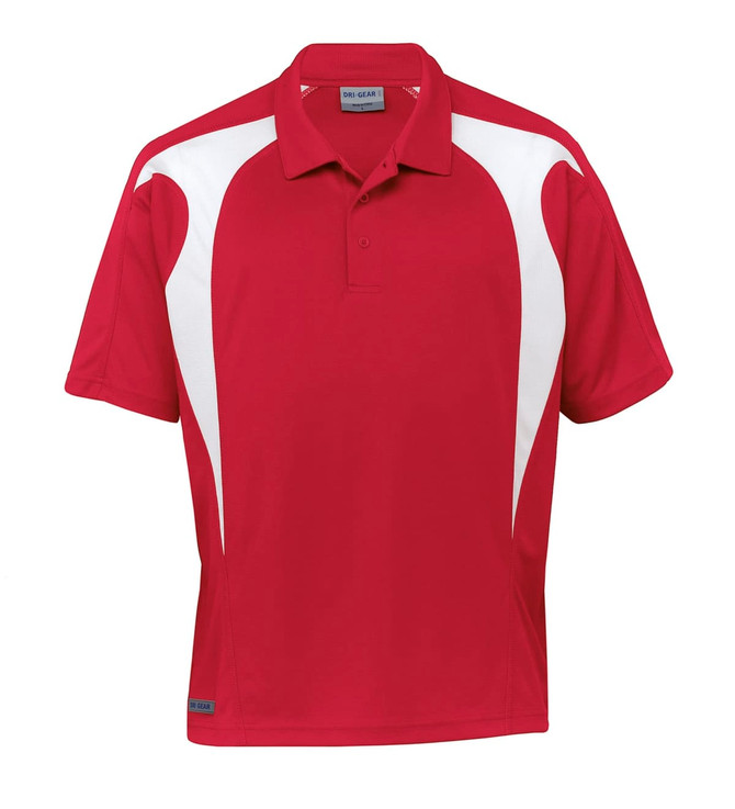 A red polo shirt with white spliced panels and a collar, featuring a logo on the side.