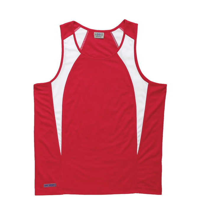 A red men's singlet with white spliced panels and a logo on the hem. Suitable for sports and casual wear.