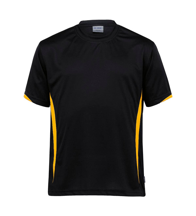 A black T-shirt with yellow side accents and a logo on the front. Suitable for casual wear or sports activities.