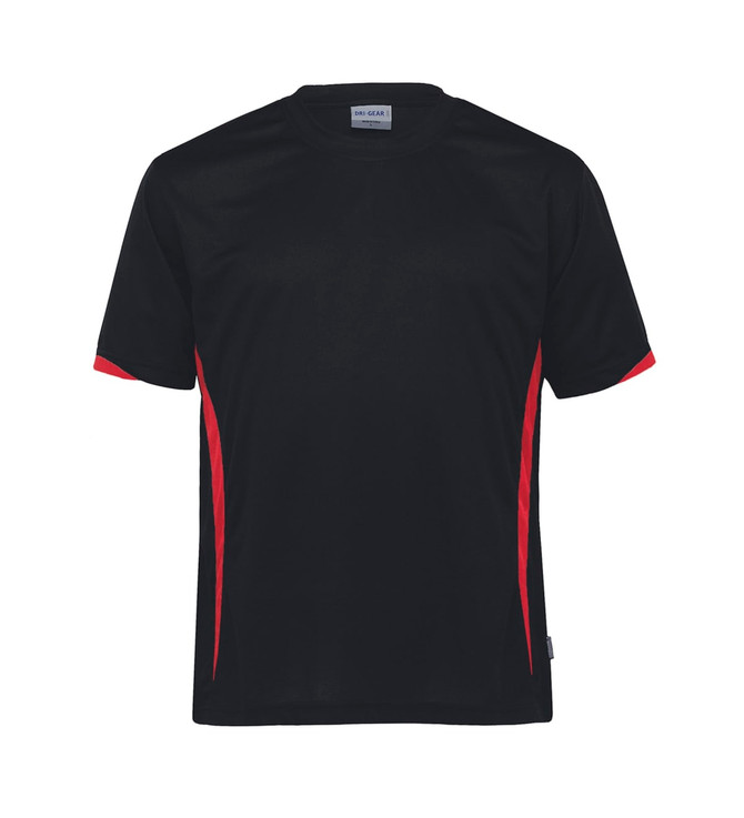 A black t-shirt featuring red accents and a logo on the front. Short sleeves and casual design.