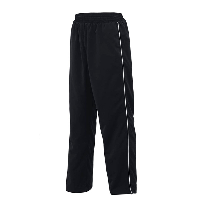 Black microfibre track pants with a white side stripe and an elastic waistband. Features a logo on the side.