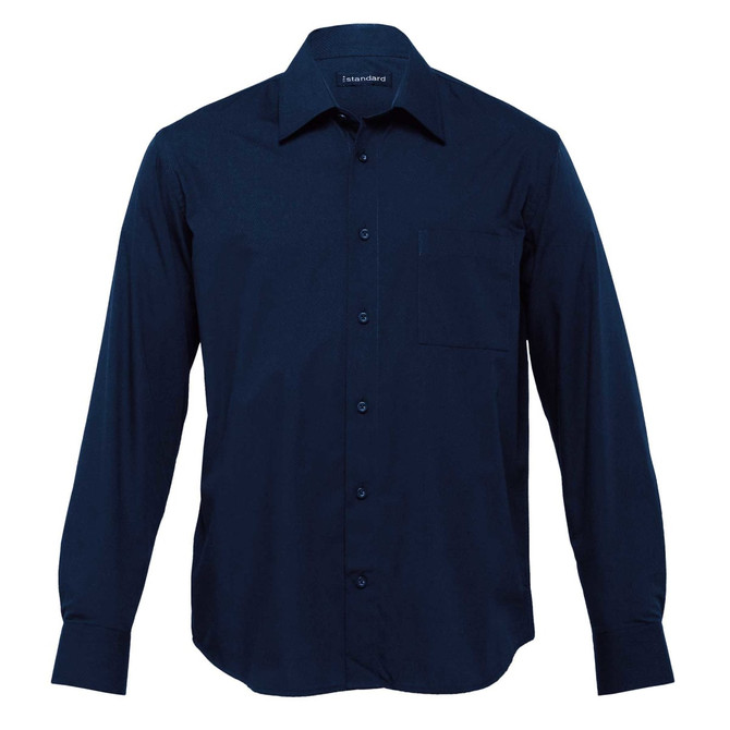 A navy long sleeve button-up shirt with a chest pocket and collar, featuring a logo on the label.