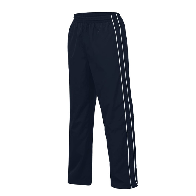 Navy trackpants featuring twin white stripes down the sides and an elastic waistband. Includes a logo.