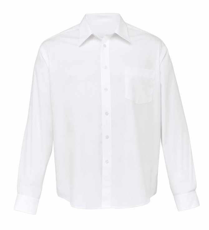 A white button-up shirt with a single chest pocket and long sleeves. It features a logo on the chest.