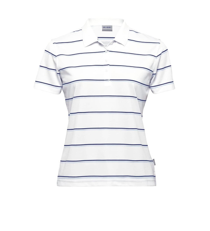 A white women's polo shirt featuring horizontal navy stripes and a logo on the side.