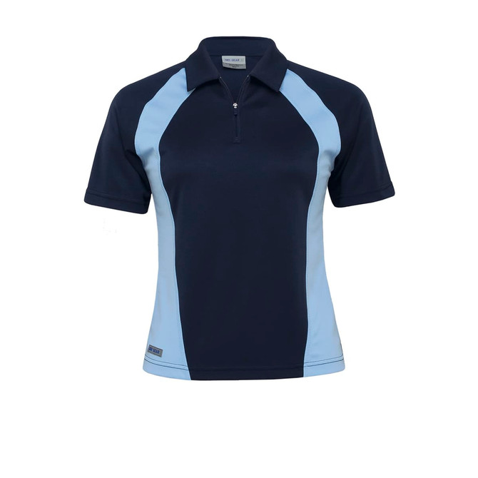 A navy and light blue women's polo shirt featuring a zip neck and logo.
