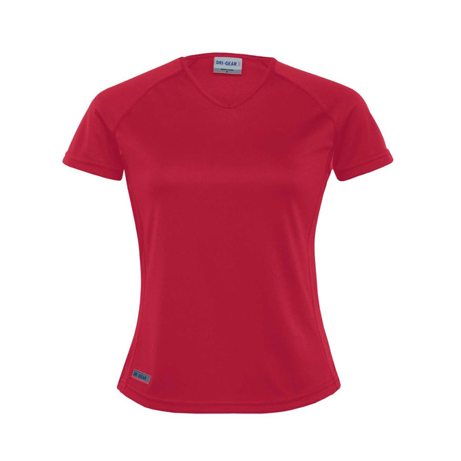 A red women's Dri Gear Plain Raglan Tee with a V-neck design and short sleeves, featuring a logo.