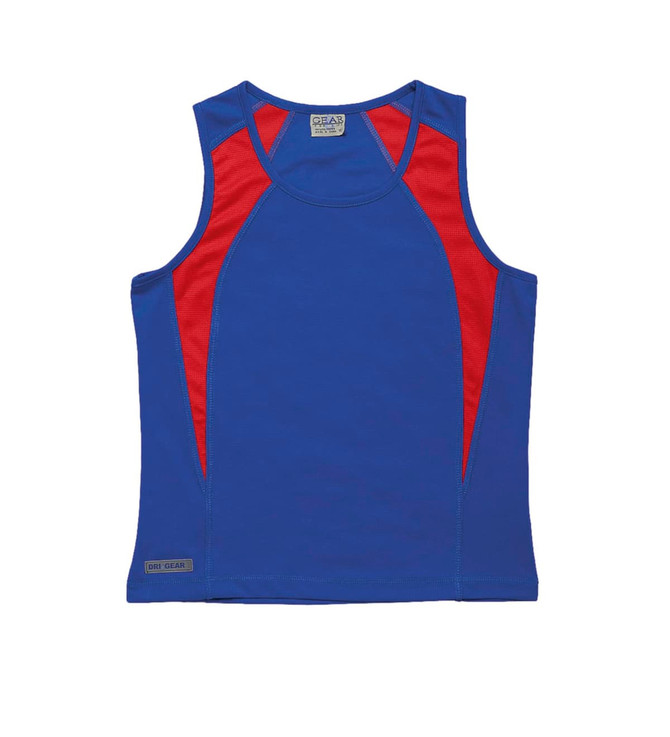 A blue women’s singlet with red spliced detailing, featuring a logo on the hem.
